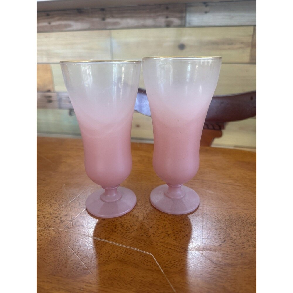 2 Vintage Frosted Blendo Stemmed Parfait Tumbler Glasses Pastel Gold Rim Pink